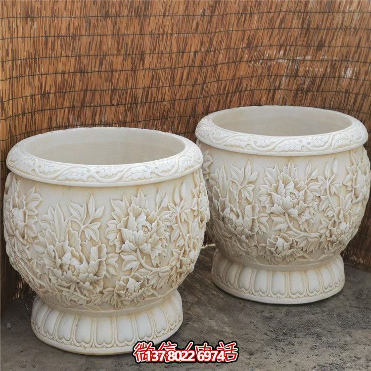漢白玉浮雕荷花養(yǎng)魚缸，精美庭院裝飾戶外中式花盆