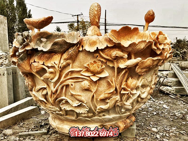 晚霞紅蓮花石雕魚(yú)缸雕塑