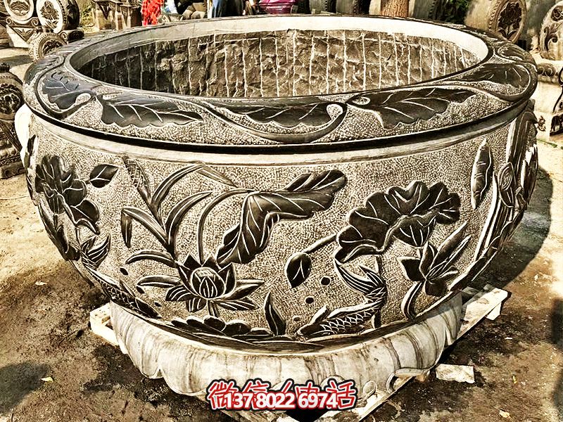 精美大理石浮雕蓮花缸，現(xiàn)代庭院裝飾雕塑
