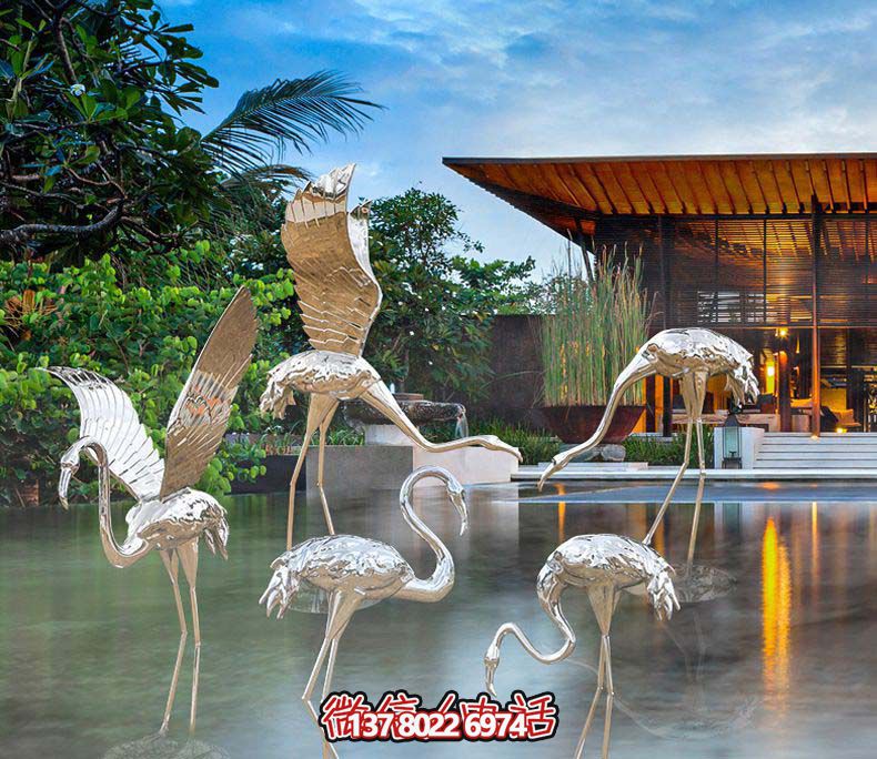 不銹鋼火烈鳥雕塑，游樂園擺放鏡面裝點