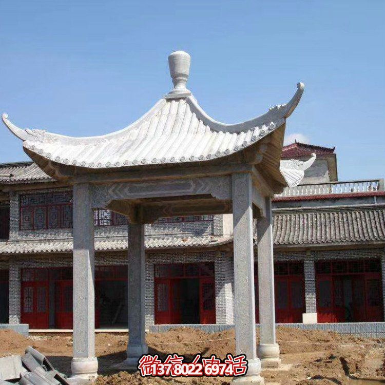 古雅紅晚霞，別墅園林石涼亭石雕長廊