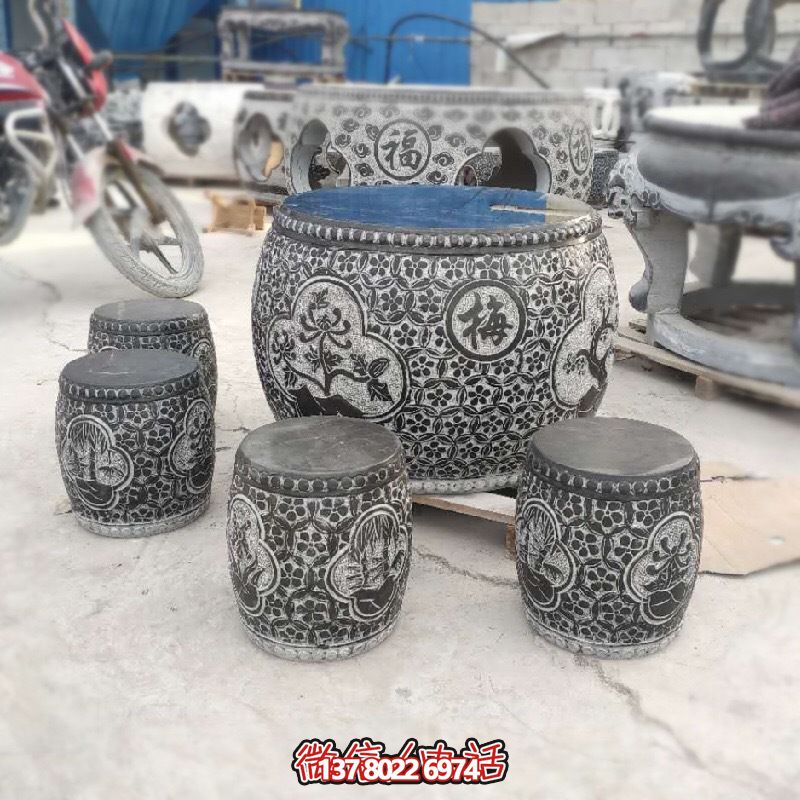 梅蘭菊竹浮雕石桌石凳，休閑庭院圓形裝飾