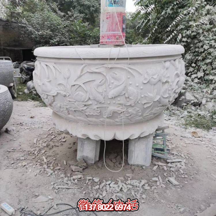 中式風(fēng)格漢白玉鯉魚(yú)浮雕水缸