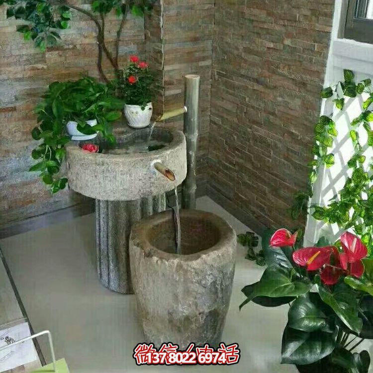 傳統(tǒng)文化的經(jīng)典組合——老石缸水槽庭院陽臺(tái)流水景觀