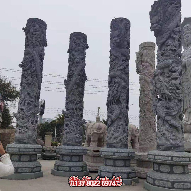 青石浮雕龍柱，精美石雕園林景觀裝飾