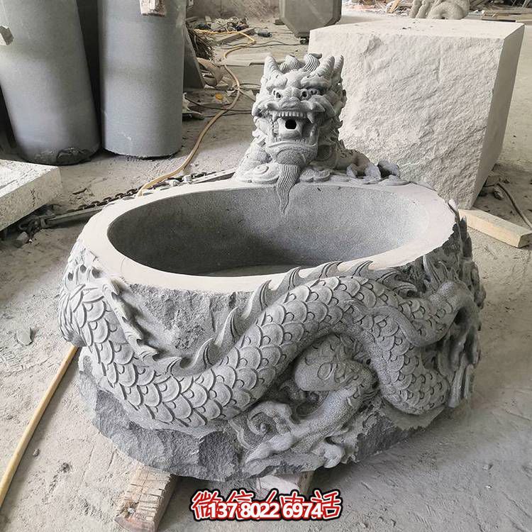 仿古石缸水缸青石龍形浮雕雕塑，為您的庭院增添一抹古樸
