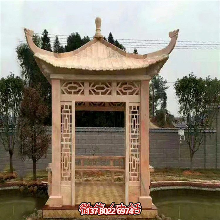 紅石雕鏤涼亭，晚霞中空中創(chuàng)意雕塑