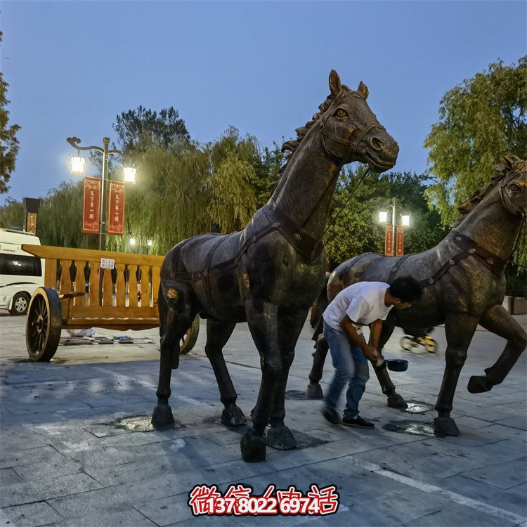 仿古銅中式馬拉車(chē)玻璃鋼景觀雕塑，非凡戶(hù)外擺放裝飾