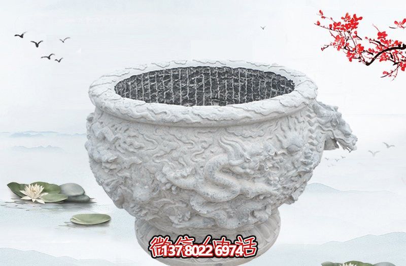 漢白玉石雕龍浮雕水缸雕塑，為庭院增添優(yōu)雅氣息