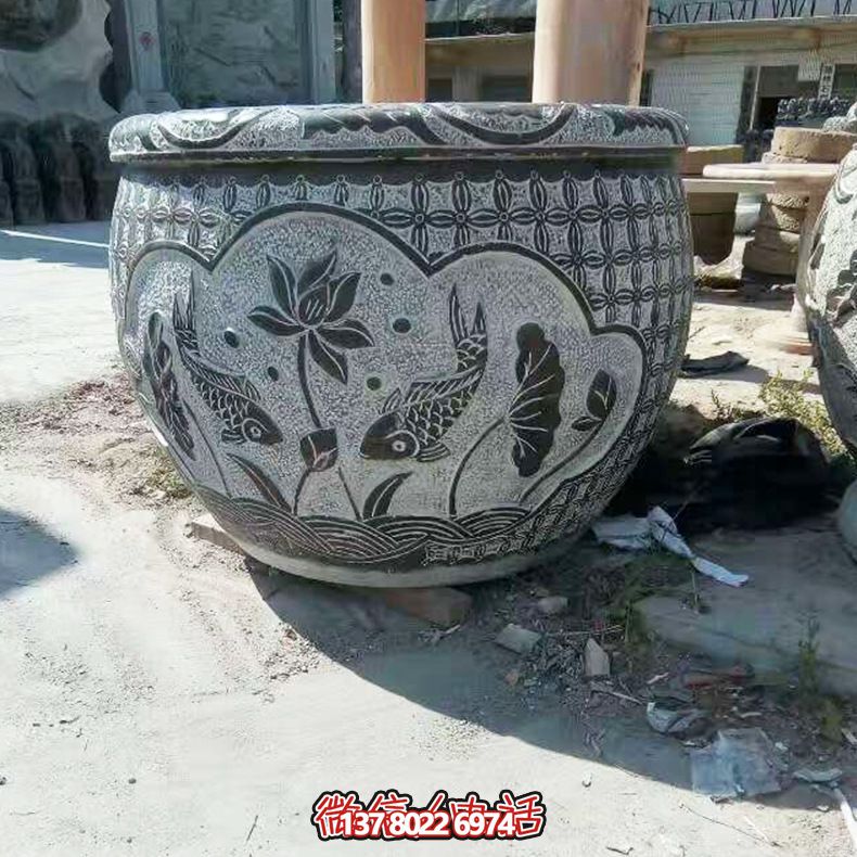 青石雙魚(yú)蓮花雕塑，養(yǎng)花缸精美裝飾