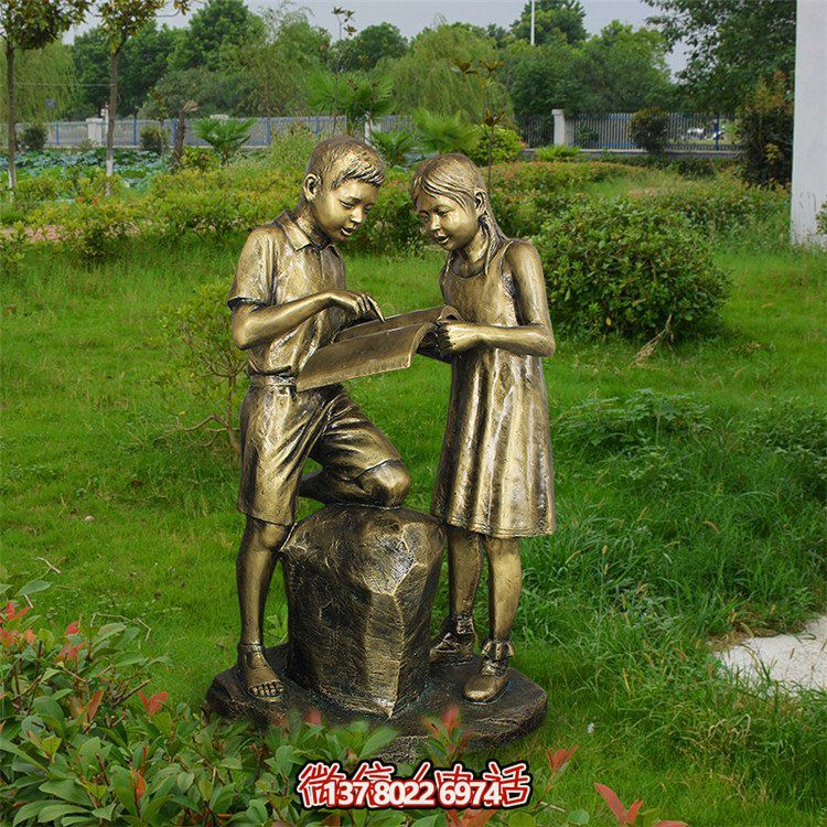 探討，鑄銅男女小學(xué)生雕塑