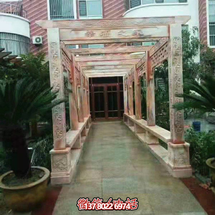 小區(qū)擺放晚霞紅雕刻中式花架休息長(zhǎng)廊涼亭