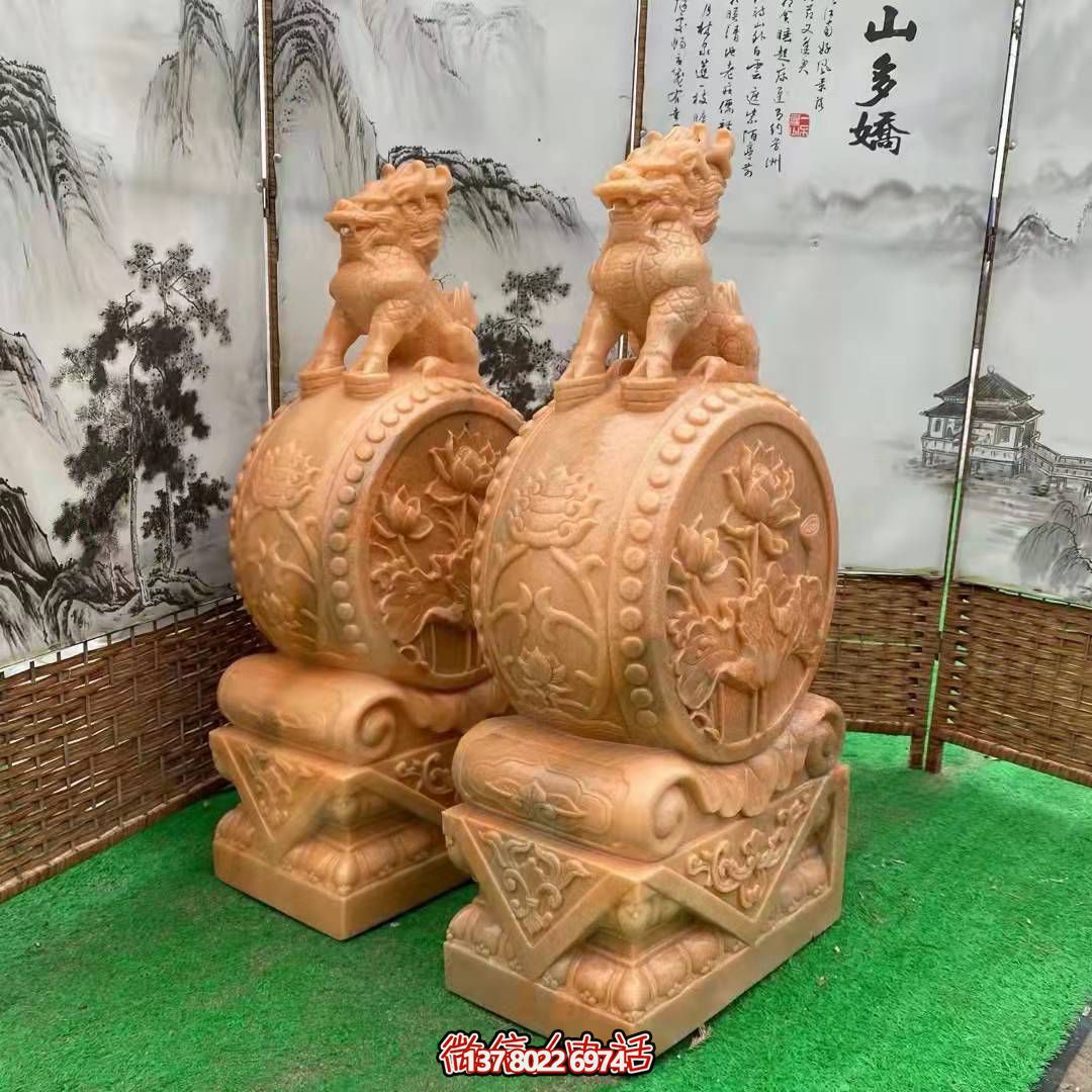 麒麟抱鼓石，晚霞紅荷花門墩