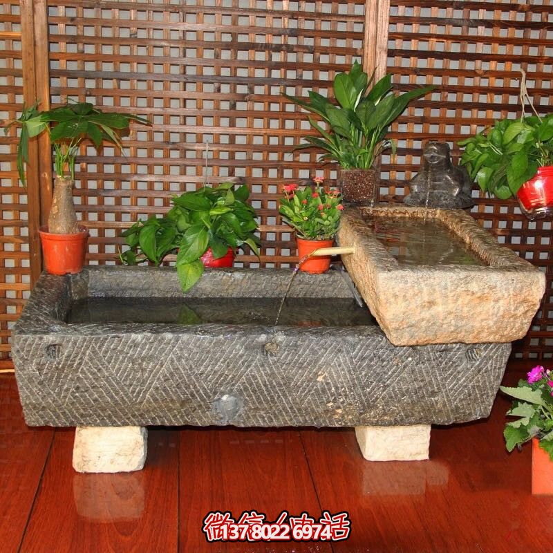 老石缸青石石槽魚缸石頭花盆陽臺水景老石器竹子流水長方形養(yǎng)荷花池