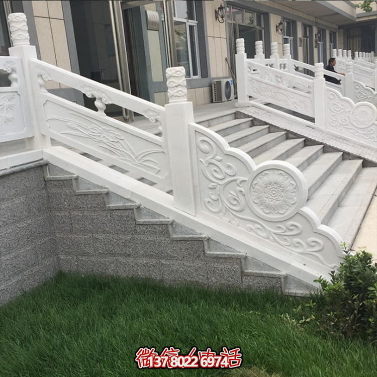 園林樓梯步道漢白玉石欄桿，云柱刻花石雕欄板