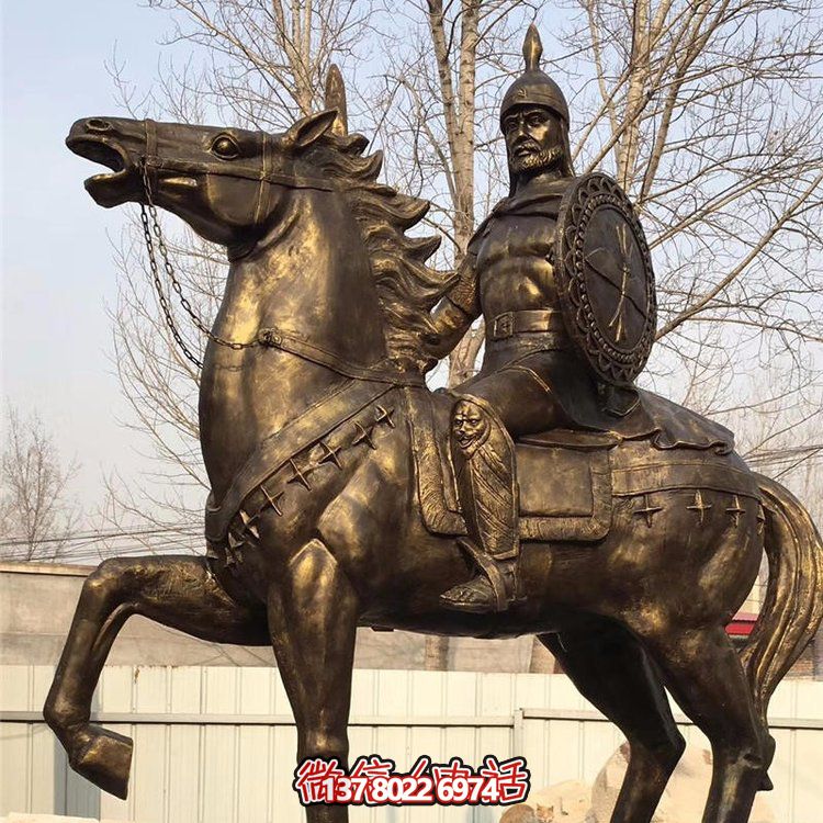 西方古代的騎馬士兵銅雕，手持盾牌騎馬身上的西方戰(zhàn)士