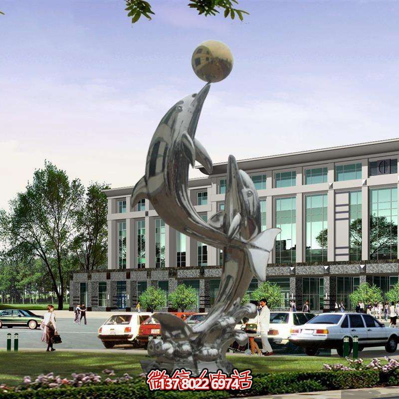 商場(chǎng)戶(hù)外兩只大型玩耍的不銹鋼海豚雕塑